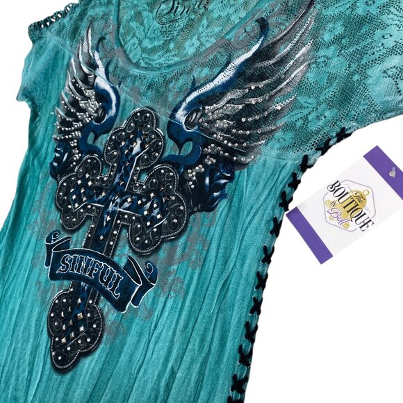 Sinful By Affliction Womens S Lace Tee Distressed Studded Wing Graphic Turquoise - Picture 6 of 16